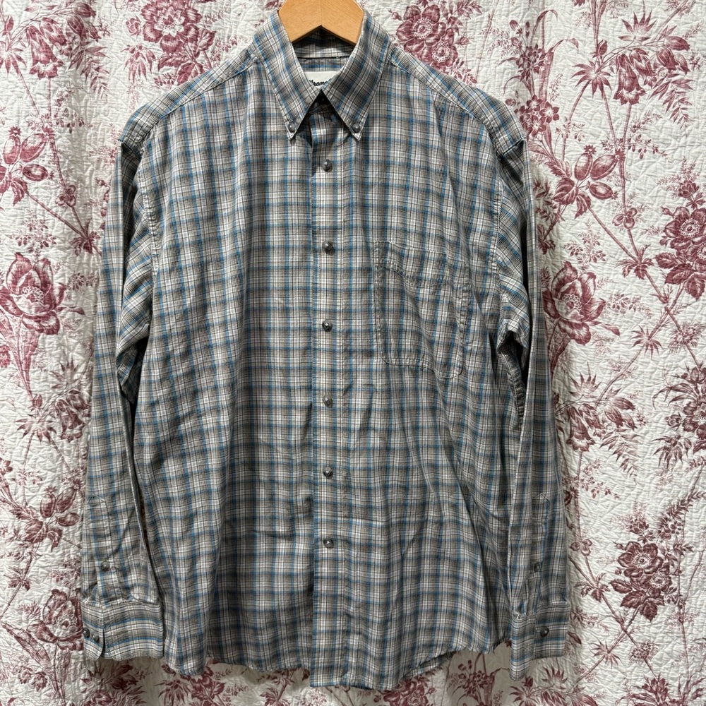 Wrangler Riata Plaid Button Down Shirt Tan Blue Size Medium - Picture 1 of 7